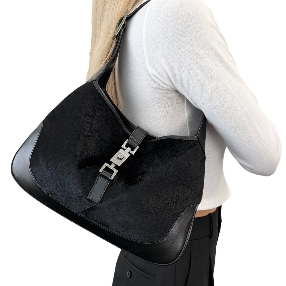 GUCCI Vintage Jackie Logo Velvet Hobo Shoulder Bag Handbag Black Silver [106457]